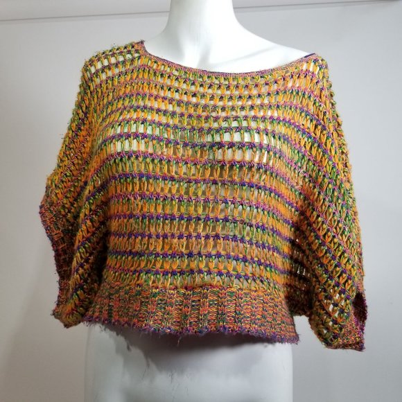 Lipstick Cropped Open Knit Sweater 80s Large Short Sleeve Dance Yellow Blue Purp - Picture 9 of 9